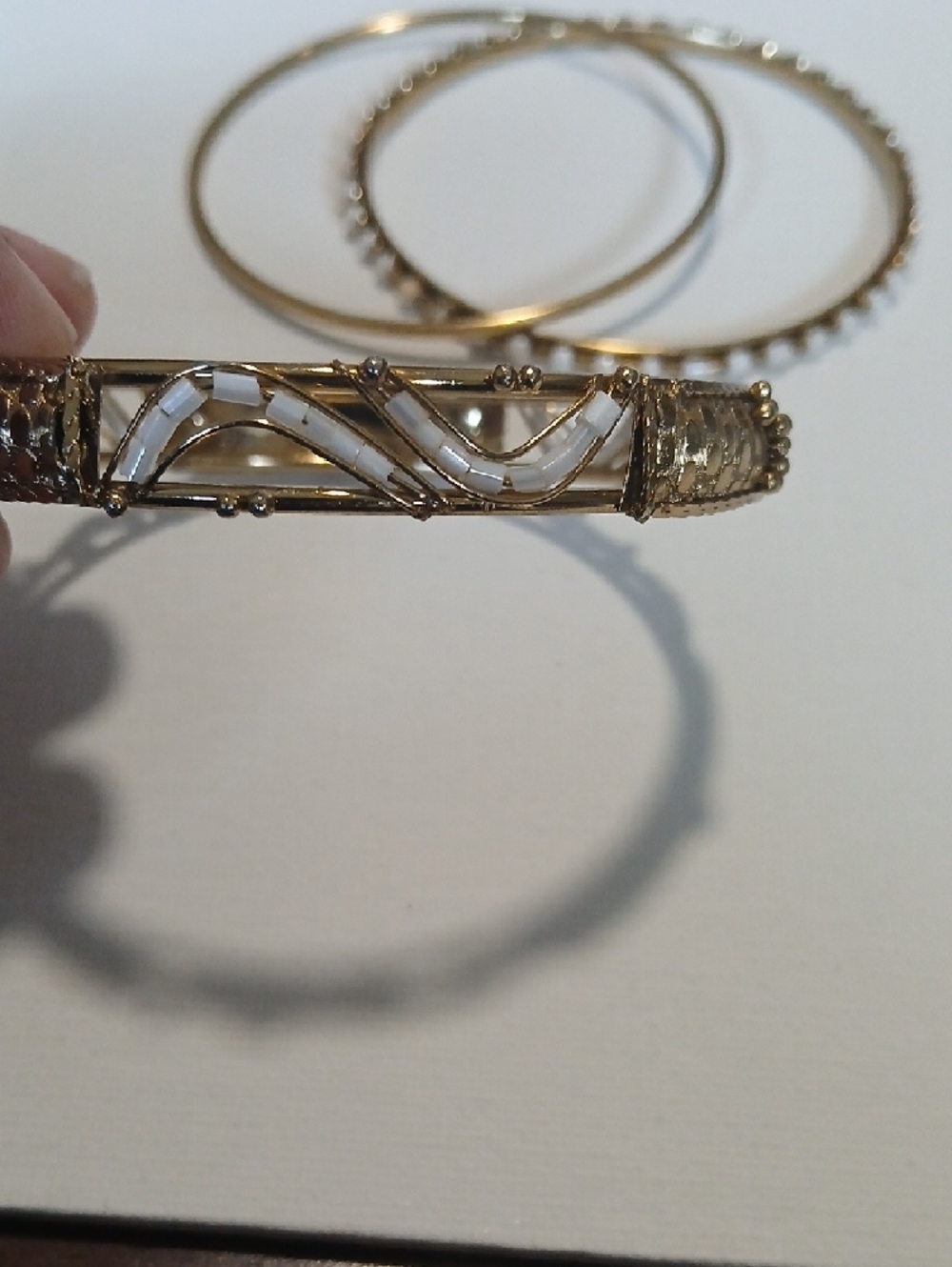 Boho Festival Gold-Tone Women's Bangle Bracelet Set with Coral & White Accents - Picture 10 of 16